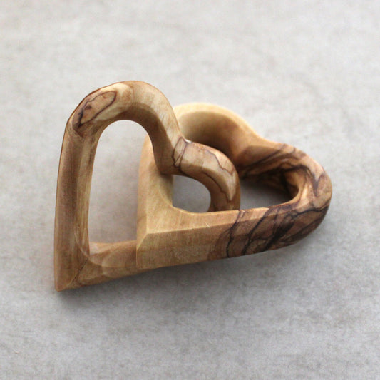 1.7' Handmade Olive Wood Interlocking Heart, Anniversary Gift for Her, Wooden Hearts Engagement, Wedding, Valentines Gift From the Holy Land